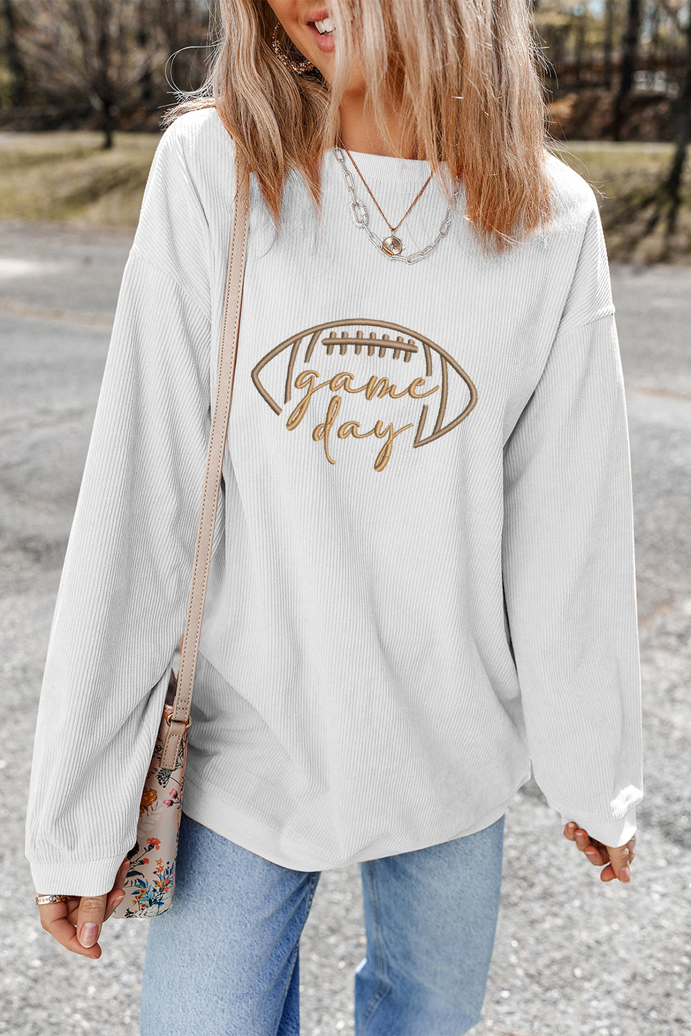 White Football Graphic Game Day Embroidered Corded Sweatshirt