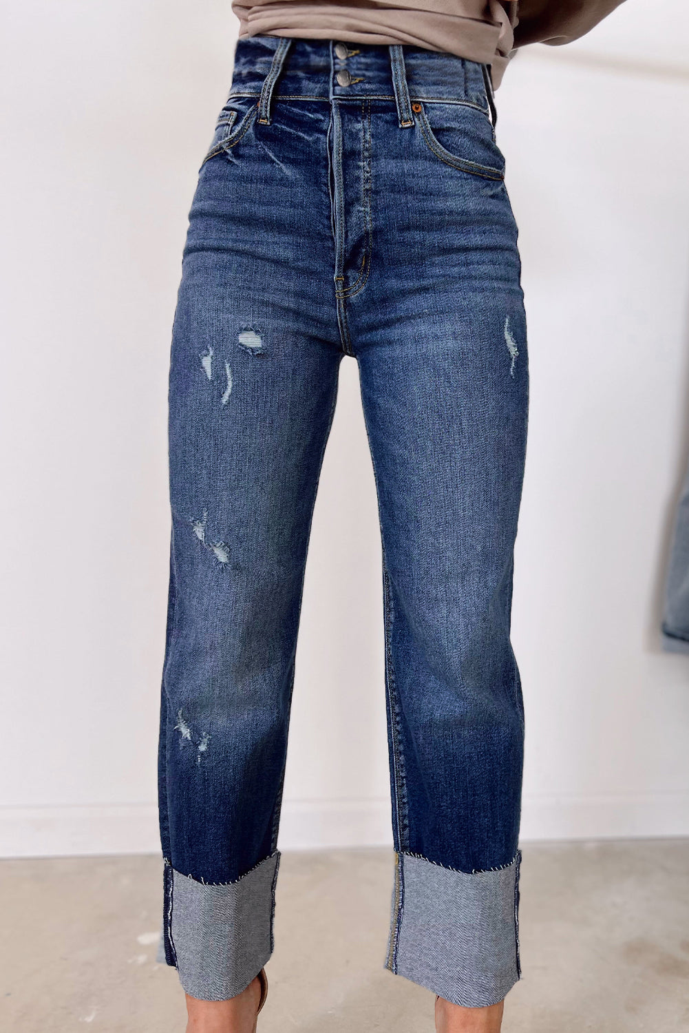 Blue-2 High Waist Distressed Straight Leg Jeans