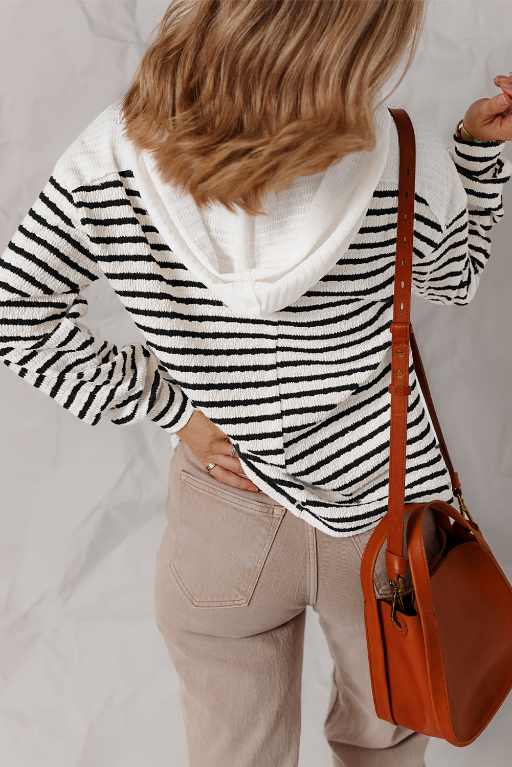 Black Stripe Textured Hooded V Neck Casual Long Sleeve Top