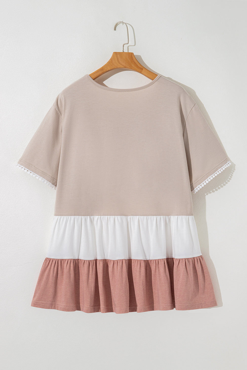 Beige Plus Size Color Block Lace Trim Ruffled Blouse