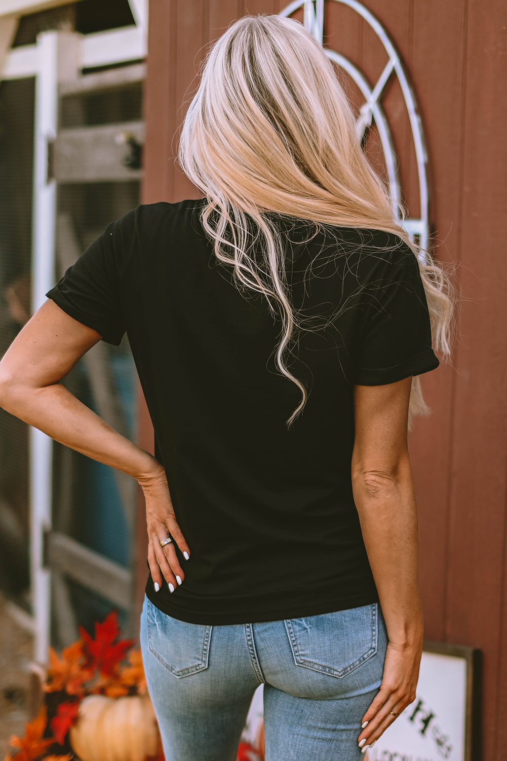 Black Sequin Bow Ghost Patched Halloween Graphic Tee