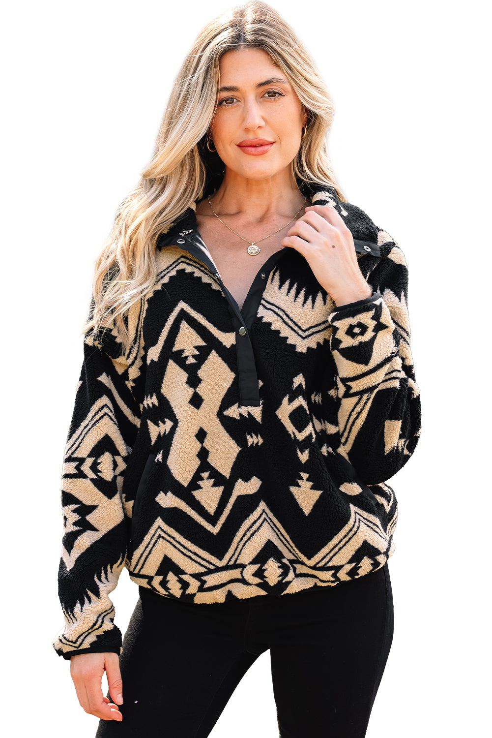 Black Western Aztec Half Placket Plush Sweatshirt
