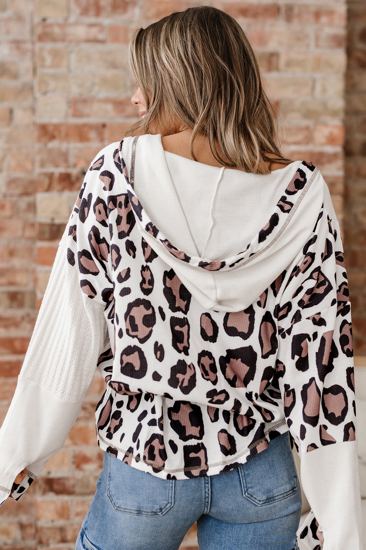 Apricot Oversized Leopard Contrast Mixed Texture Patchwork Zip Up Drop Shoulder Hoodie