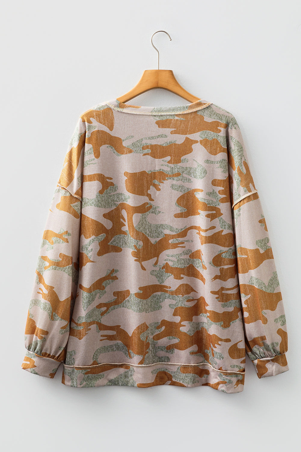 Brown Retro Camouflage Print Exposed Seam Patchwork Drop Shoulder Sweatshirt