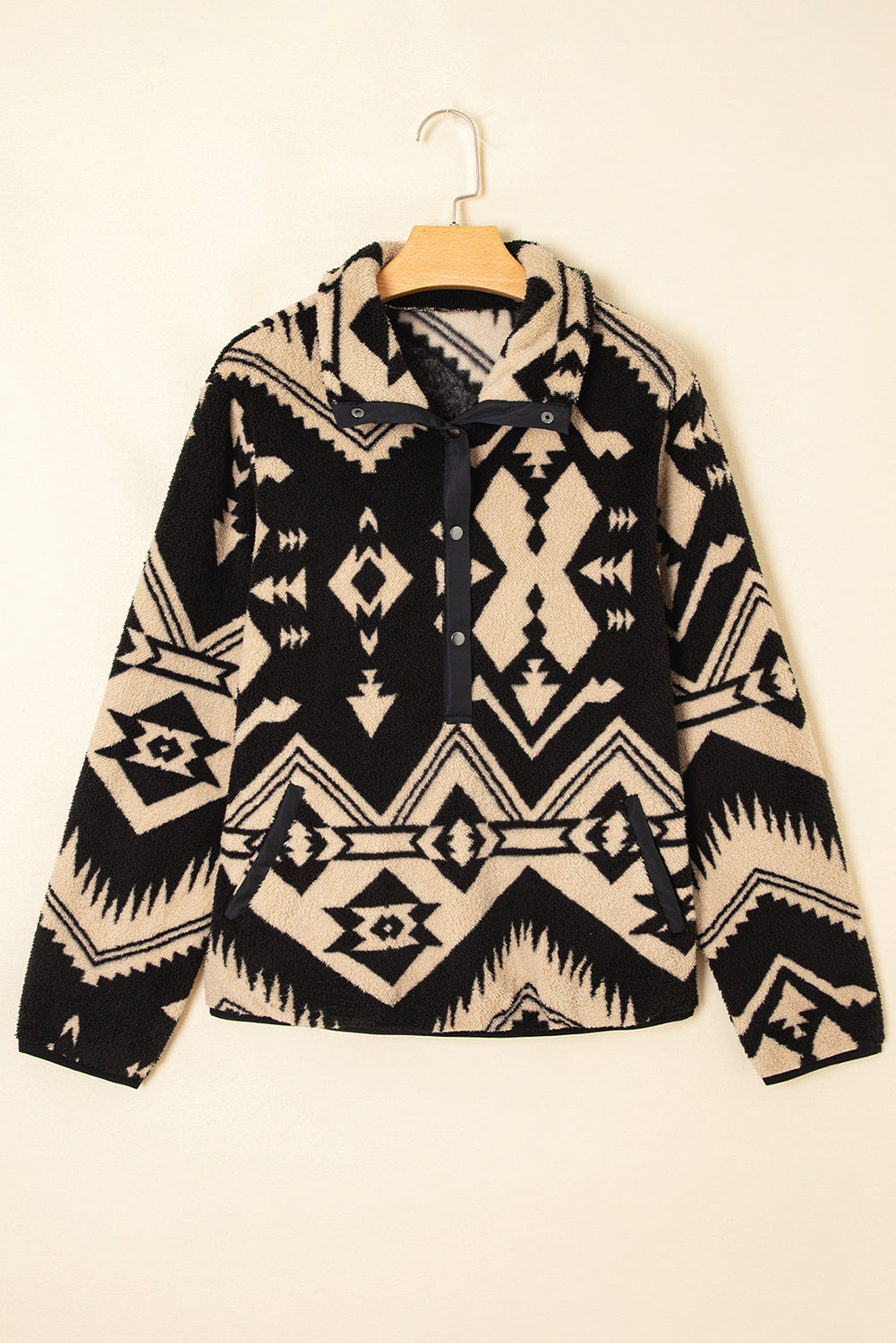 Black Western Aztec Half Placket Plush Sweatshirt