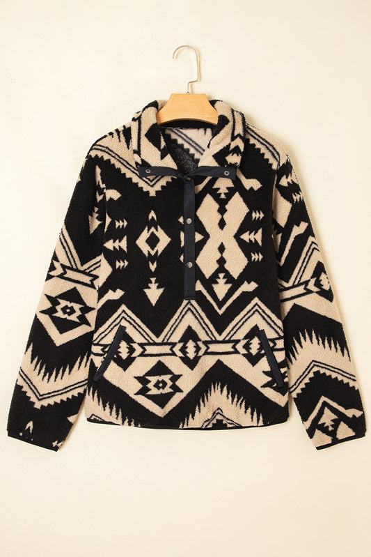 Black Western Aztec Half Placket Plush Sweatshirt