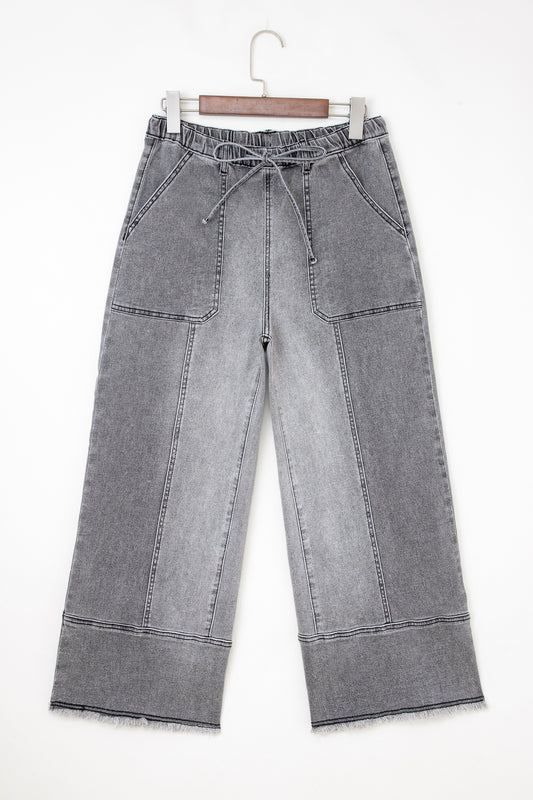 Gray Drawstring Seam Detail Raw Hem Wide Leg Denim Pants
