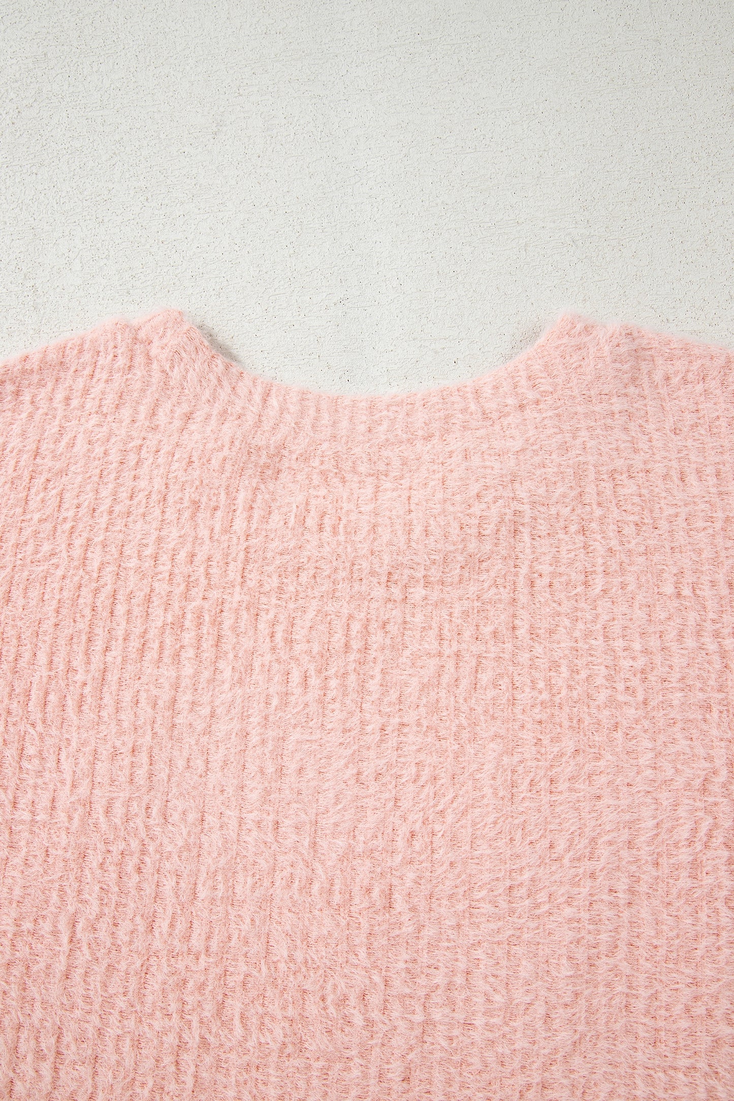 Light Pink Fuzzy Ribbed Texture Round Neck Long Sleeve Top