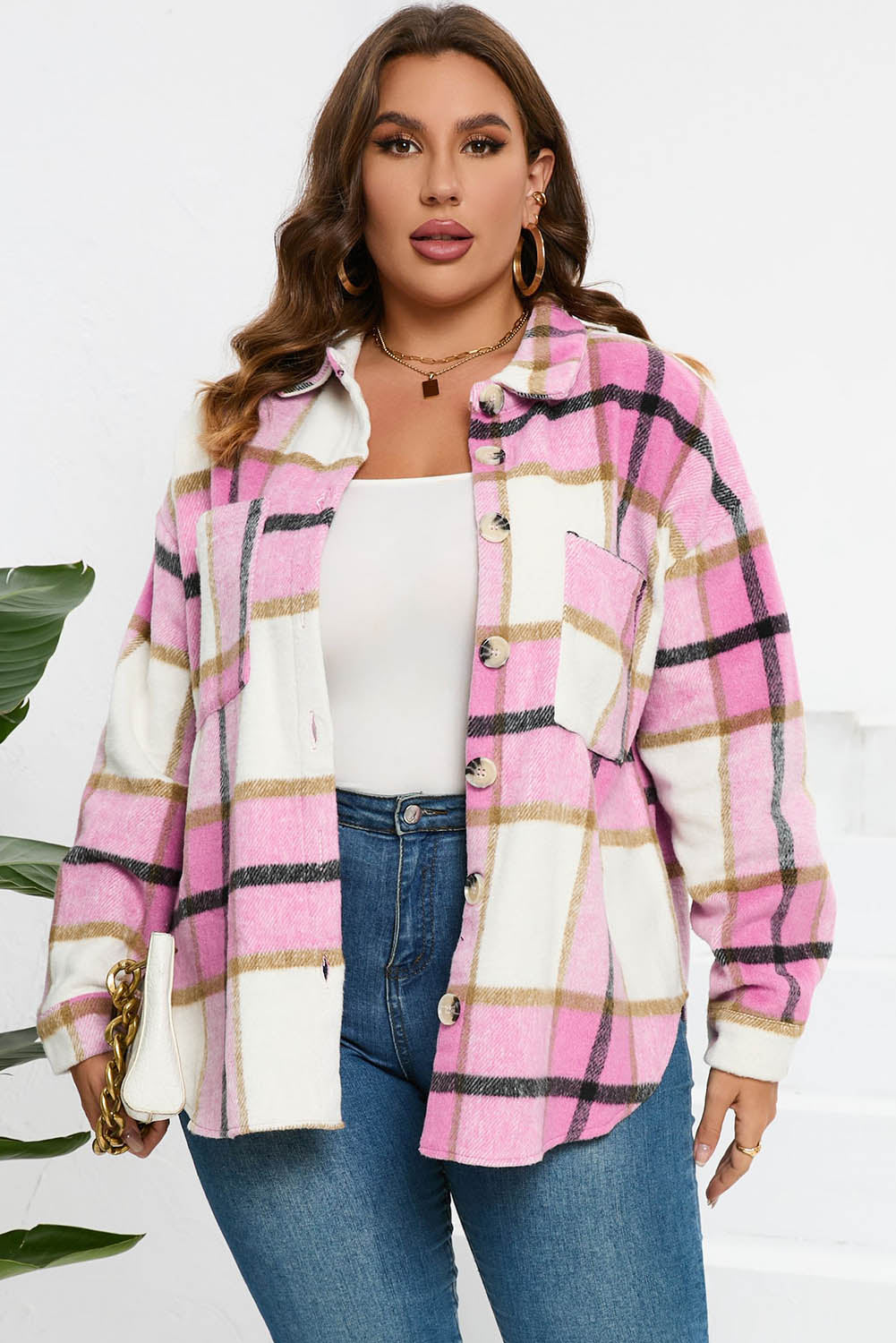 Pink Plaid Color Block Buttoned Long Sleeve Jacket with Pocket