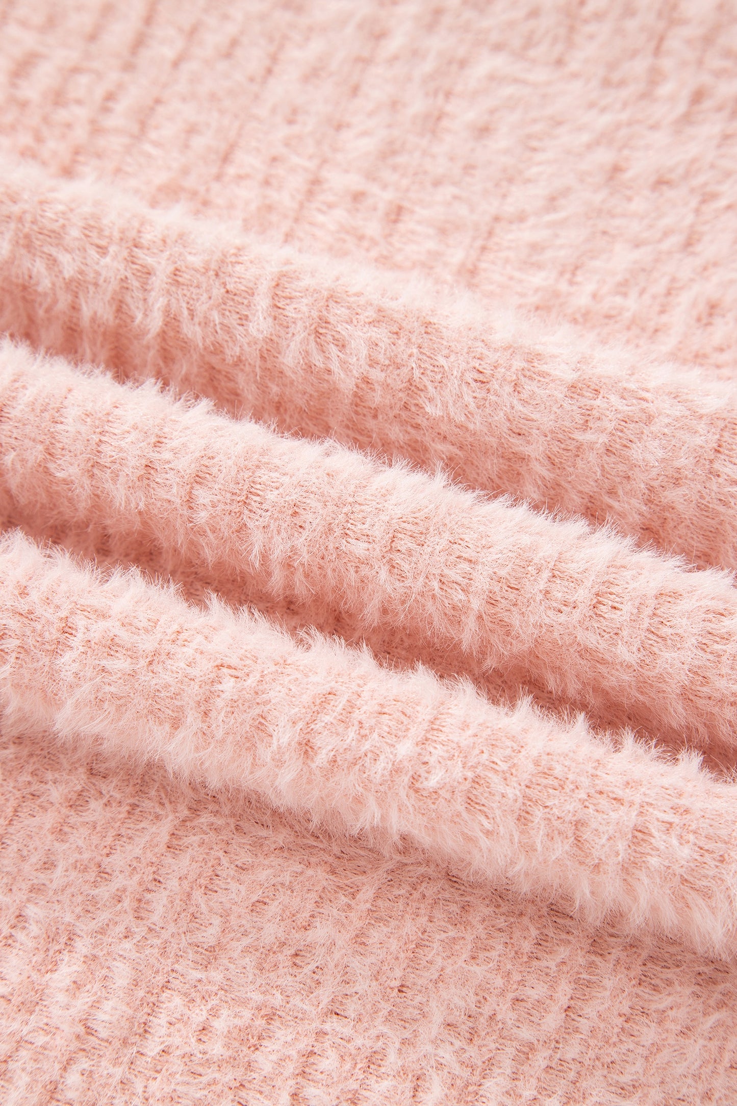 Light Pink Fuzzy Ribbed Texture Round Neck Long Sleeve Top