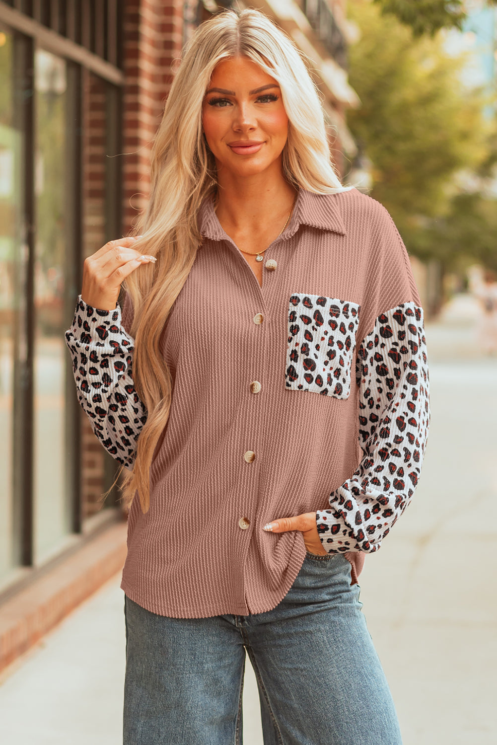 Dark Khaki Leopard Patched Twisted Ribbed Western Casual Shacket