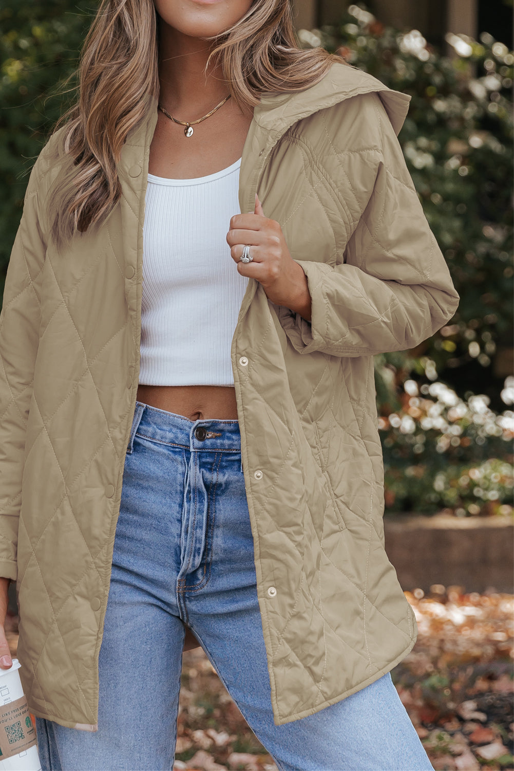 Khaki Quilted Snap Button Hooded Puffer Coat