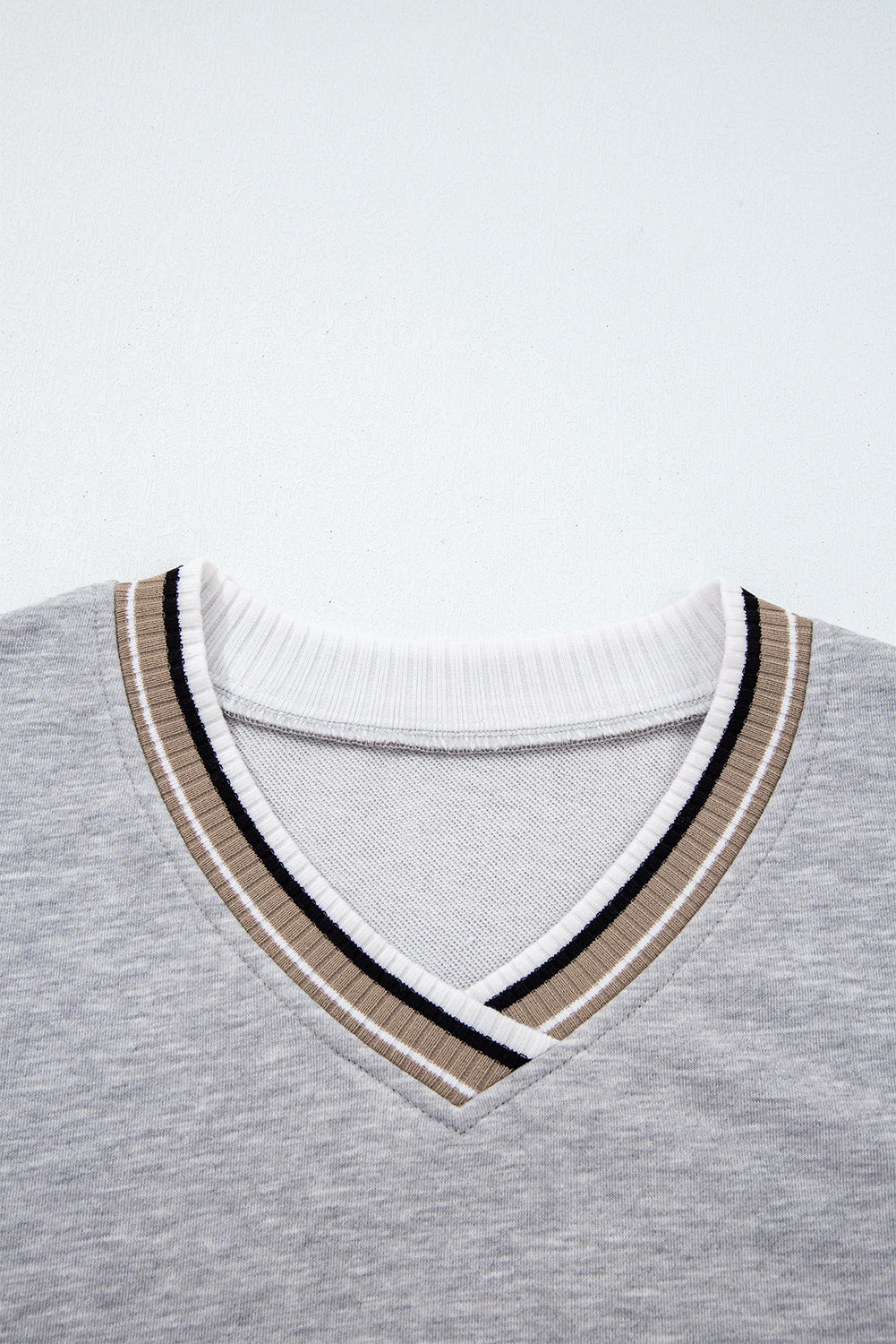 Gray Varsity Contrast Striped Trim V Neck Sweatshirt
