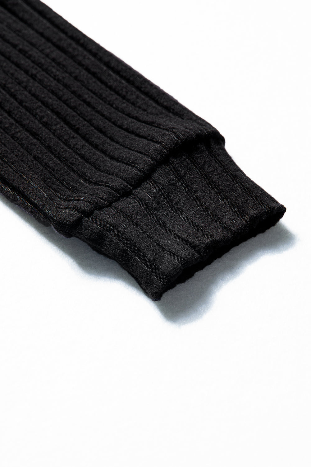 Black Ribbed Texture Round Neck Long Sleeve Rounded Hem Knit Top