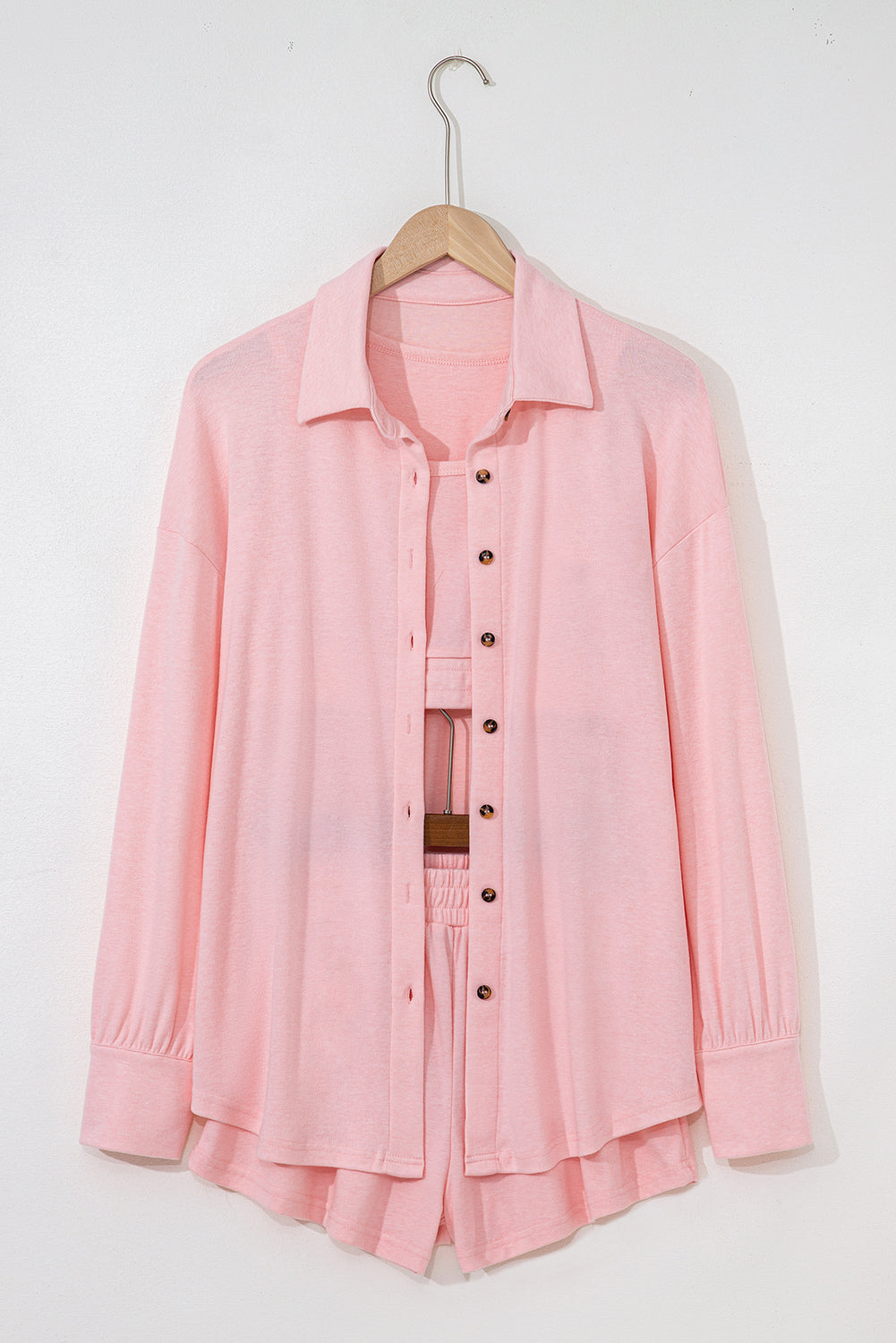 Light Pink 3 Pcs Crop Tank Top Shorts with Cardigan Lounge Set