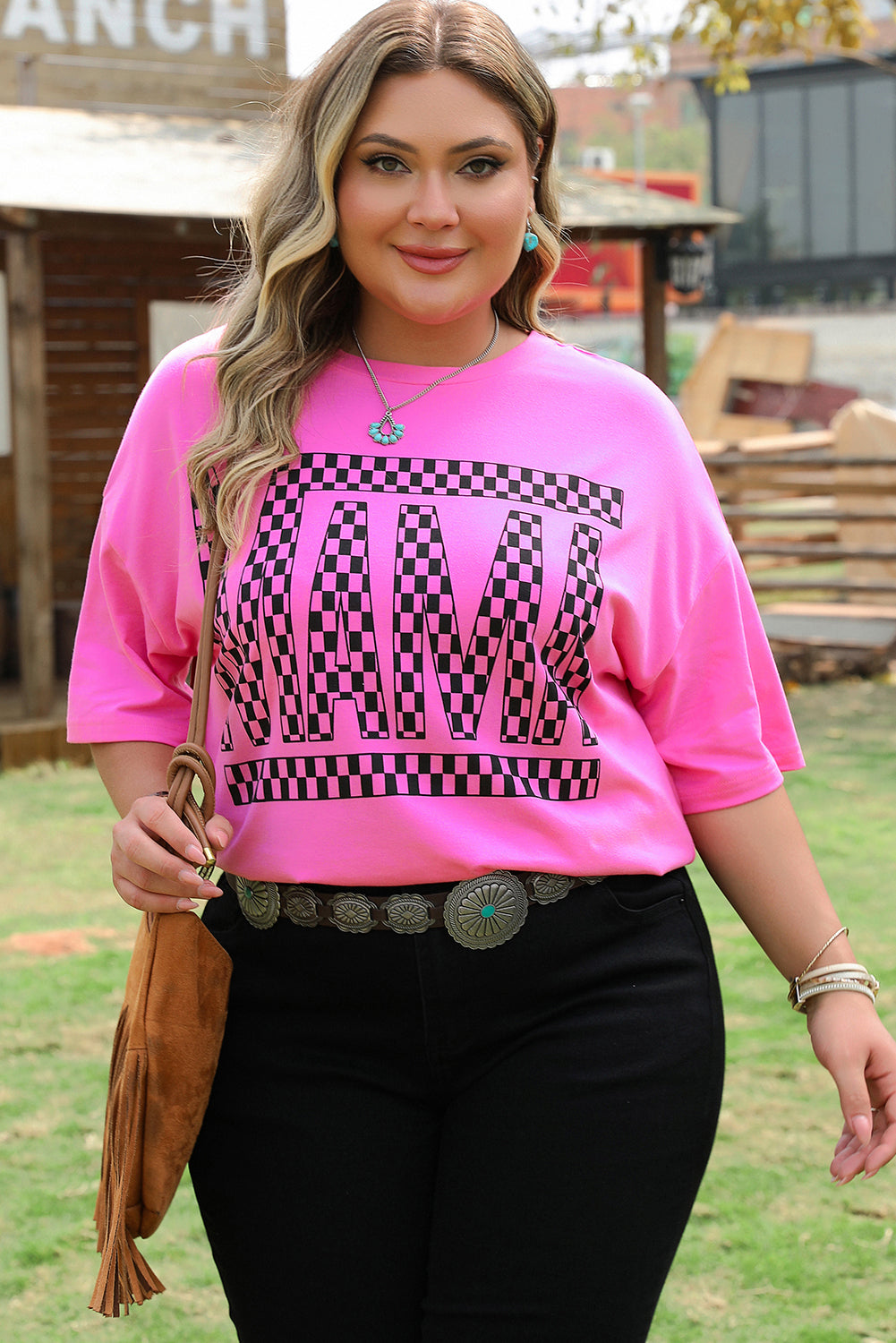 Bright Pink Checker MAMA Letter Printed Graphic Plus Size T Shirt