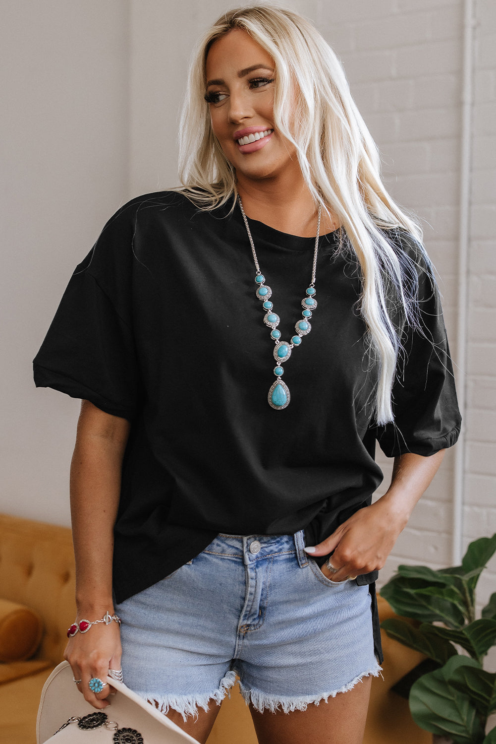 Black Loose Half Sleeve Hi Low Hem T Shirt