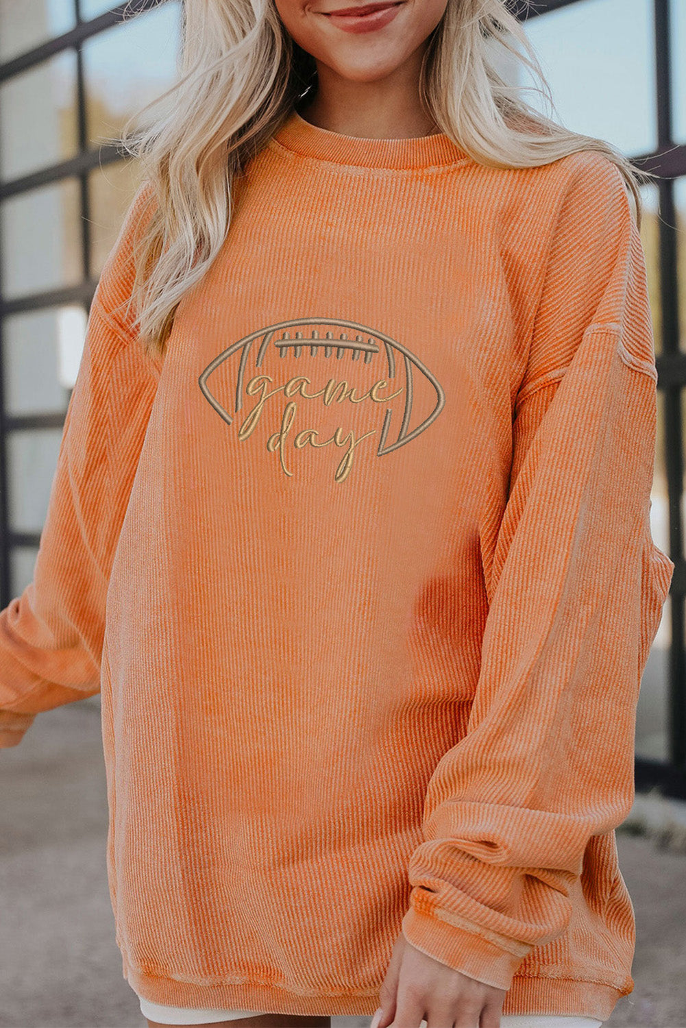 Orange Rugby Game Day Embroidered Corduroy Sweatshirt
