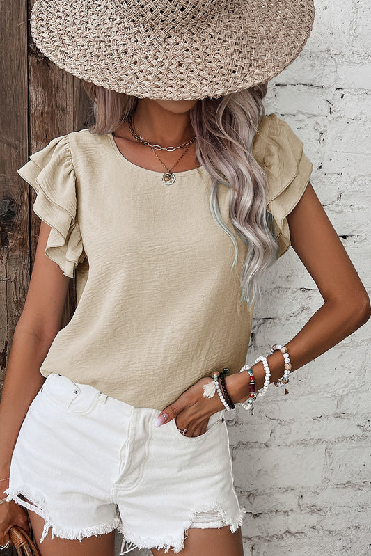 Beige Solid Color Ruffled Short Sleeve Casual Blouse