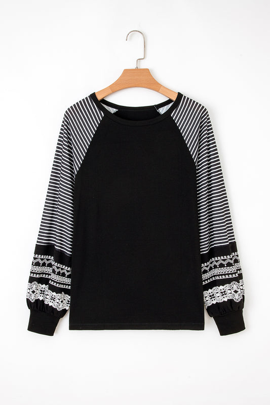 Black Contrast Print Striped Raglan Long Sleeve Loose Top
