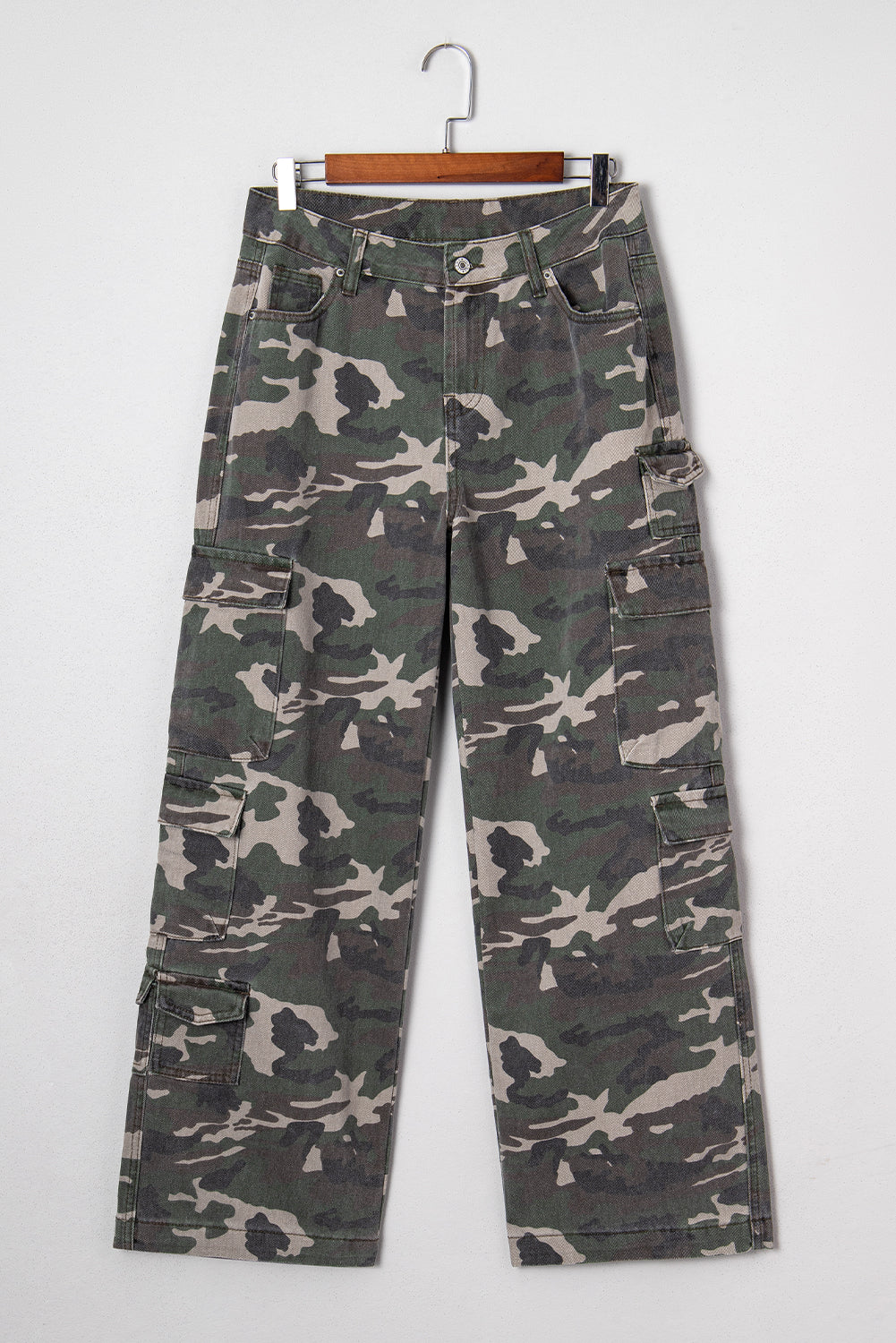 Green Camo Denim Cargo Wide Leg Pants
