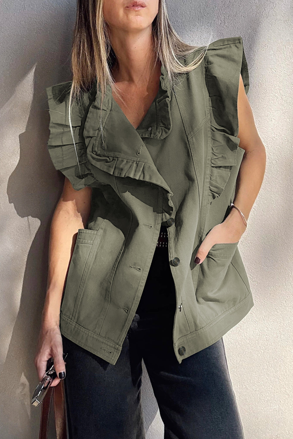 Green Bay Ruffled Patchwork Denim Jacket Vest