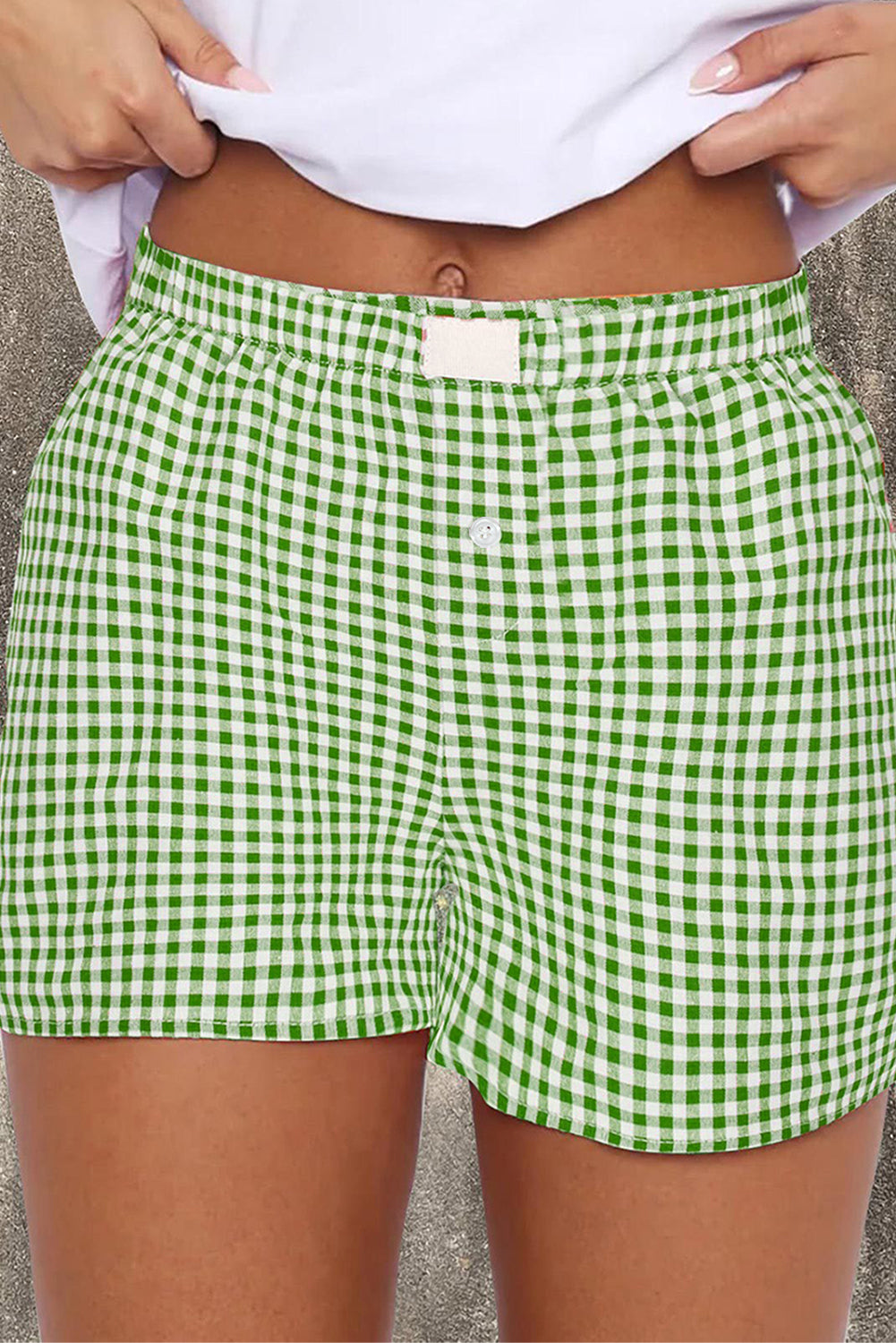 Fern Green Gingham Printed High Waist Shorts