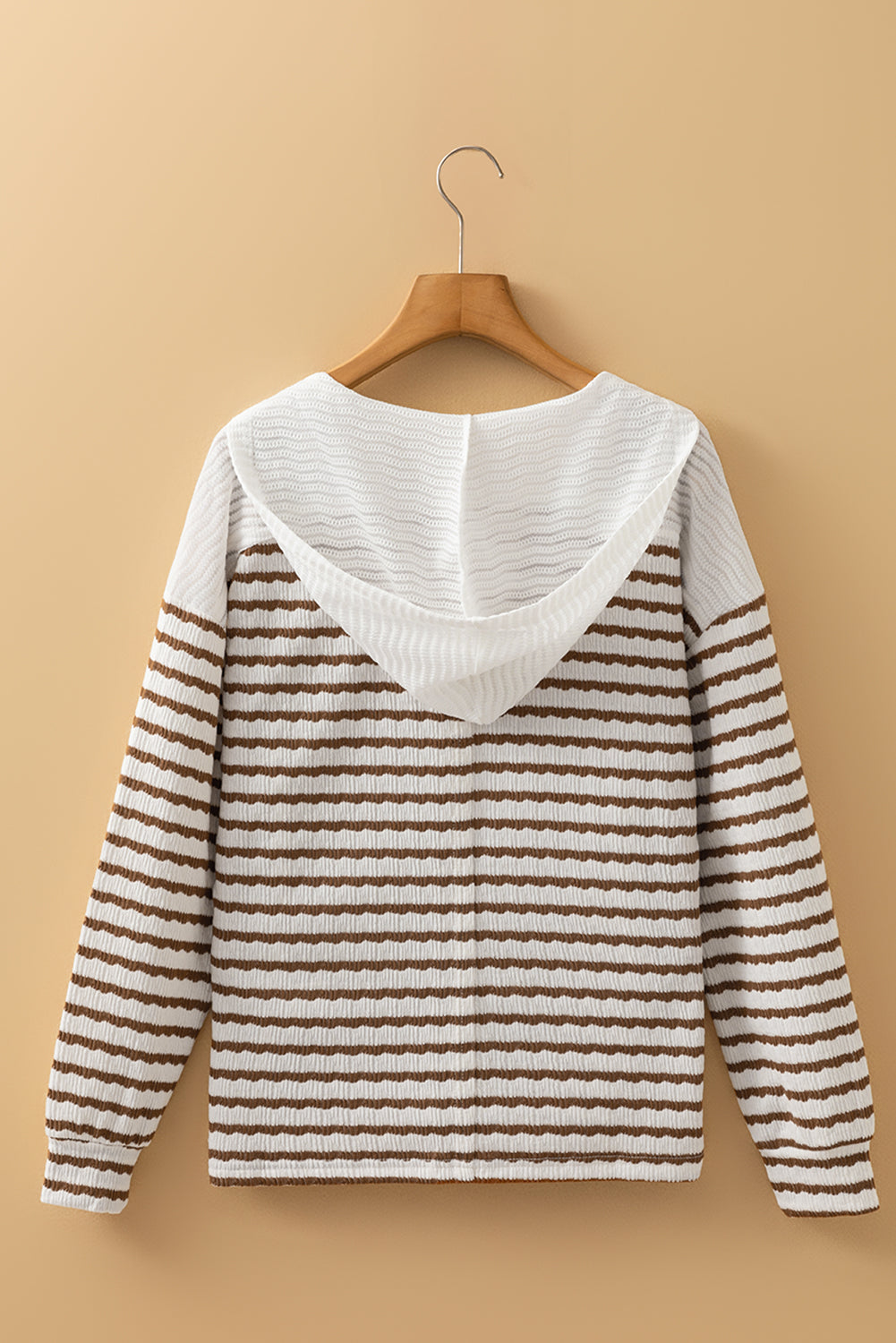 Khaki Stripe Textured Hooded V Neck Casual Long Sleeve Top