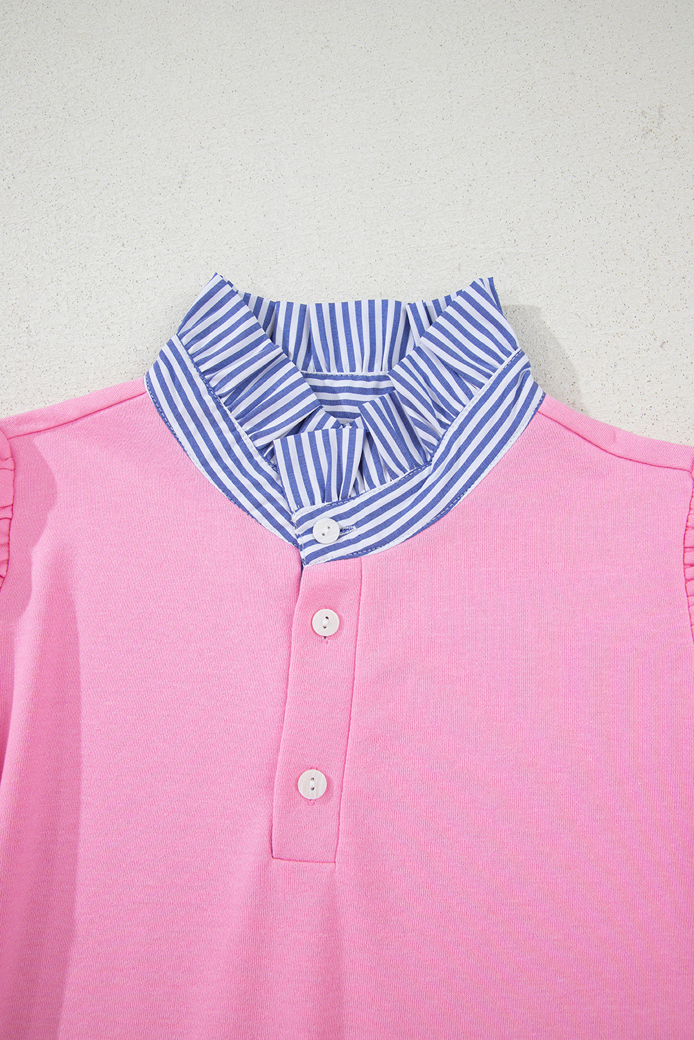 Bonbon Button Striped Collar Patchwork Puff Sleeve Sweatshirt
