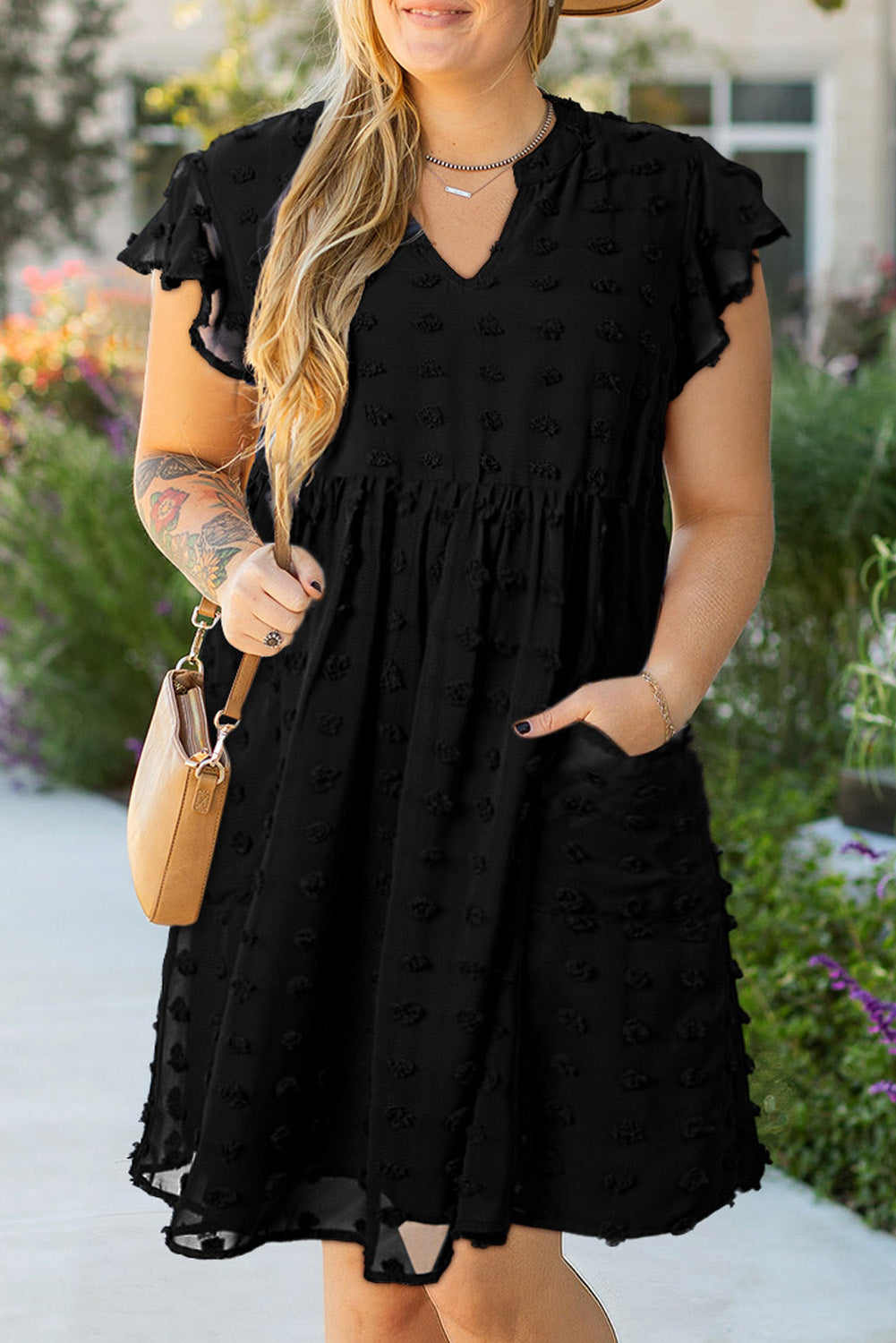 Black Dotty Textured Notched Neck Plus Ruffled Dress