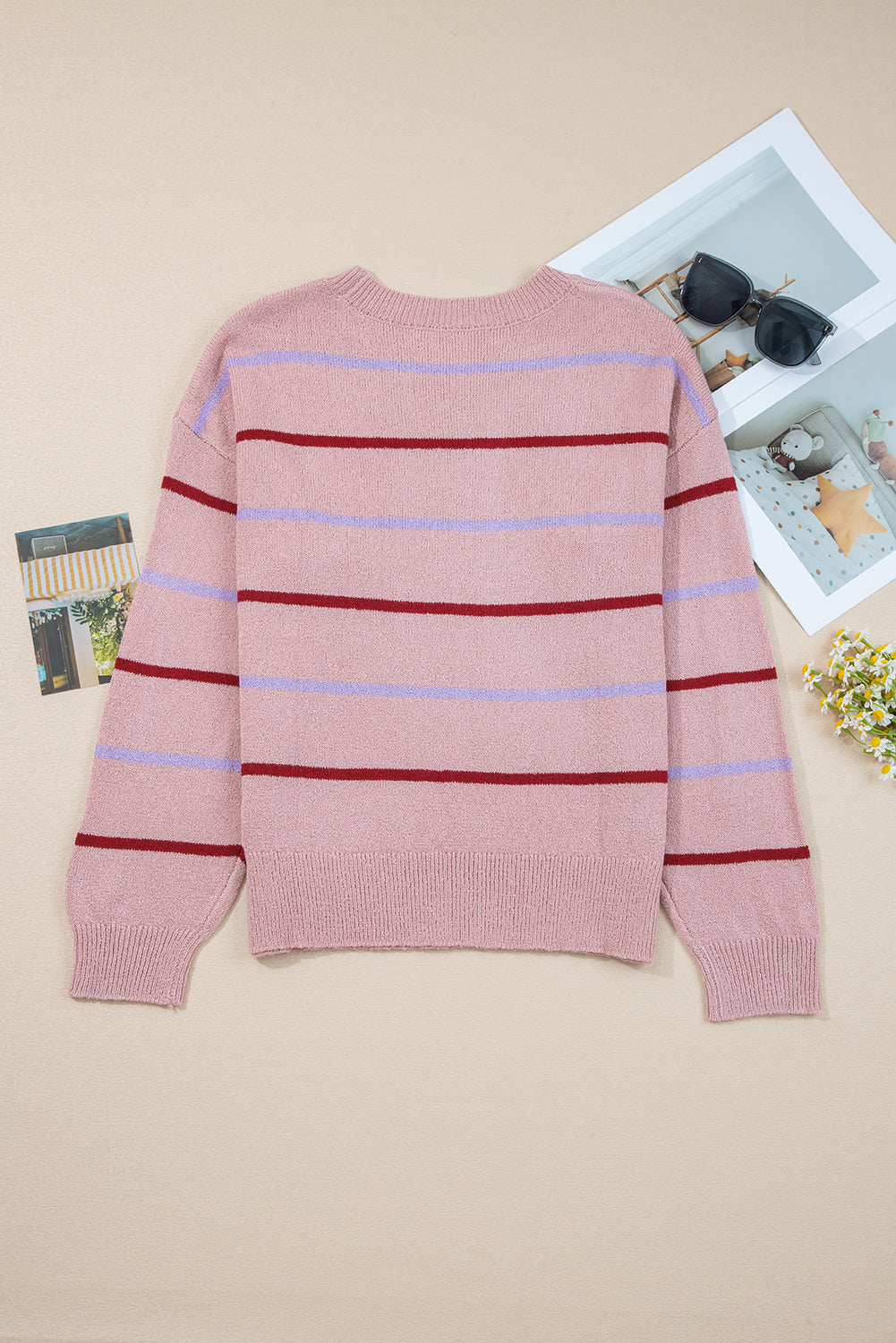 Pink Stripe Ribbed Edge Drop Shoulder Sweater