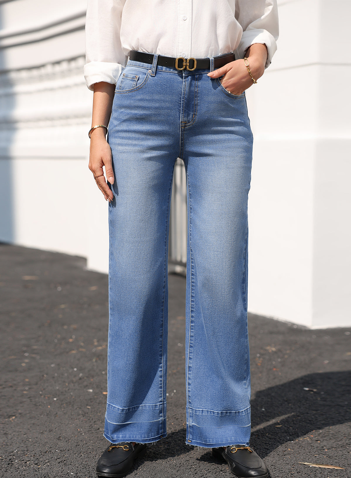 Navy Blue Raw Hem Unique Cuffs Straight High Rise Loose Jeans