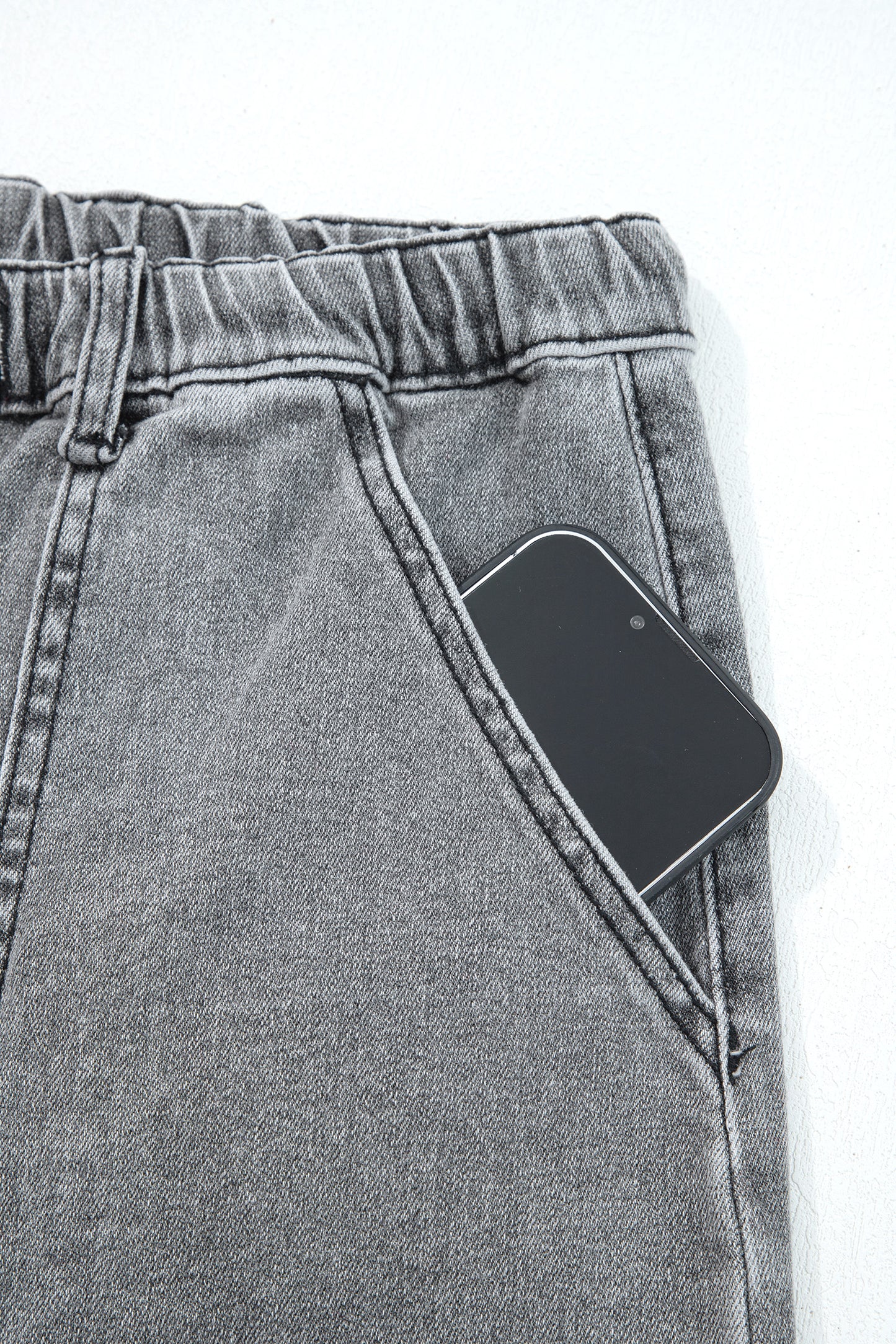 Gray Drawstring Seam Detail Raw Hem Wide Leg Denim Pants