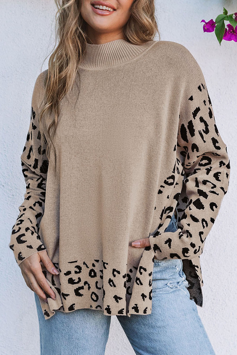 Khaki Leopard High Neck Side Slit Oversized Sweater
