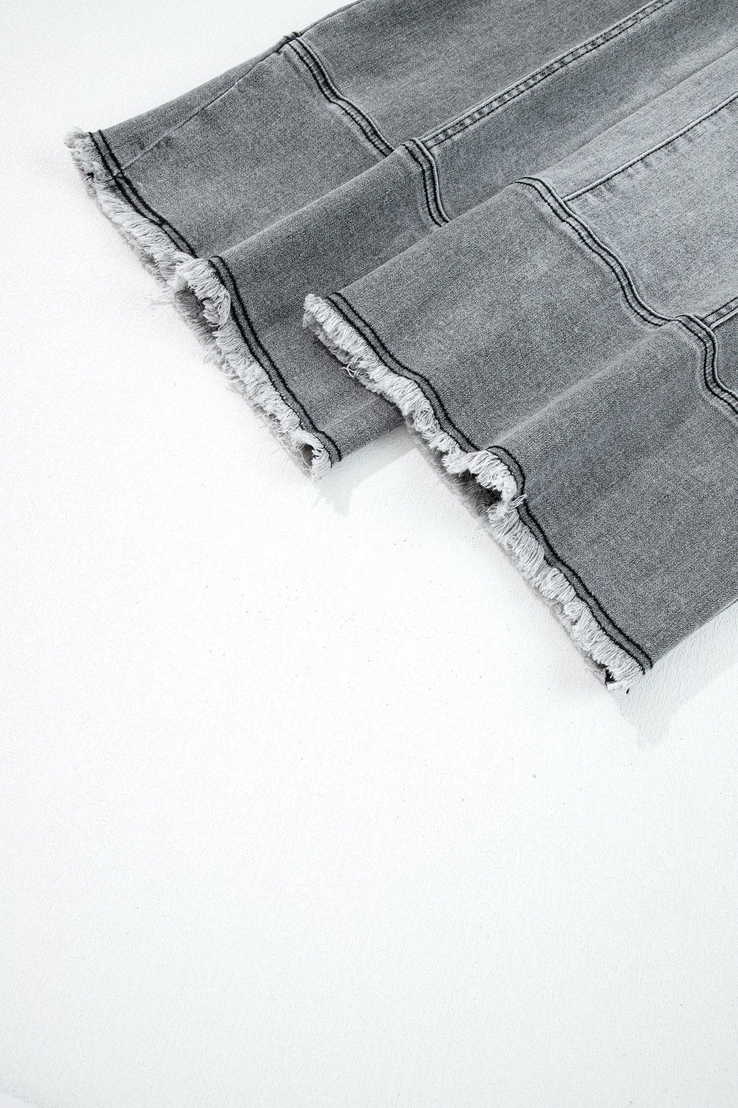 Gray Drawstring Seam Detail Raw Hem Wide Leg Denim Pants