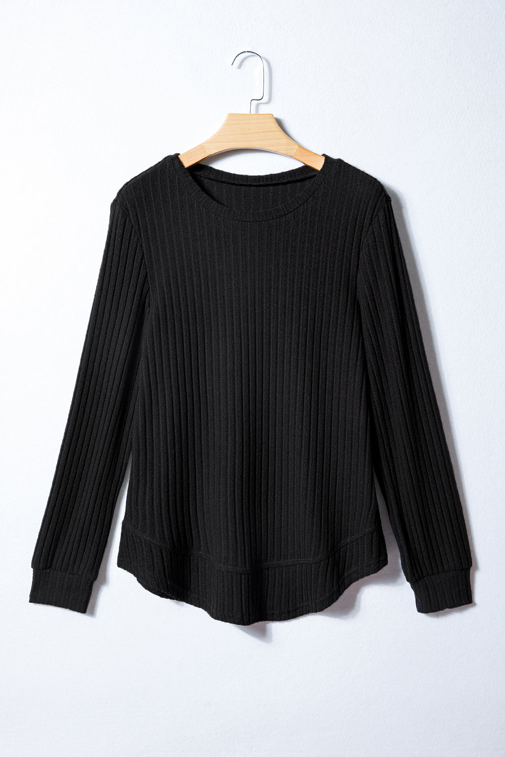 Black Ribbed Texture Round Neck Long Sleeve Rounded Hem Knit Top