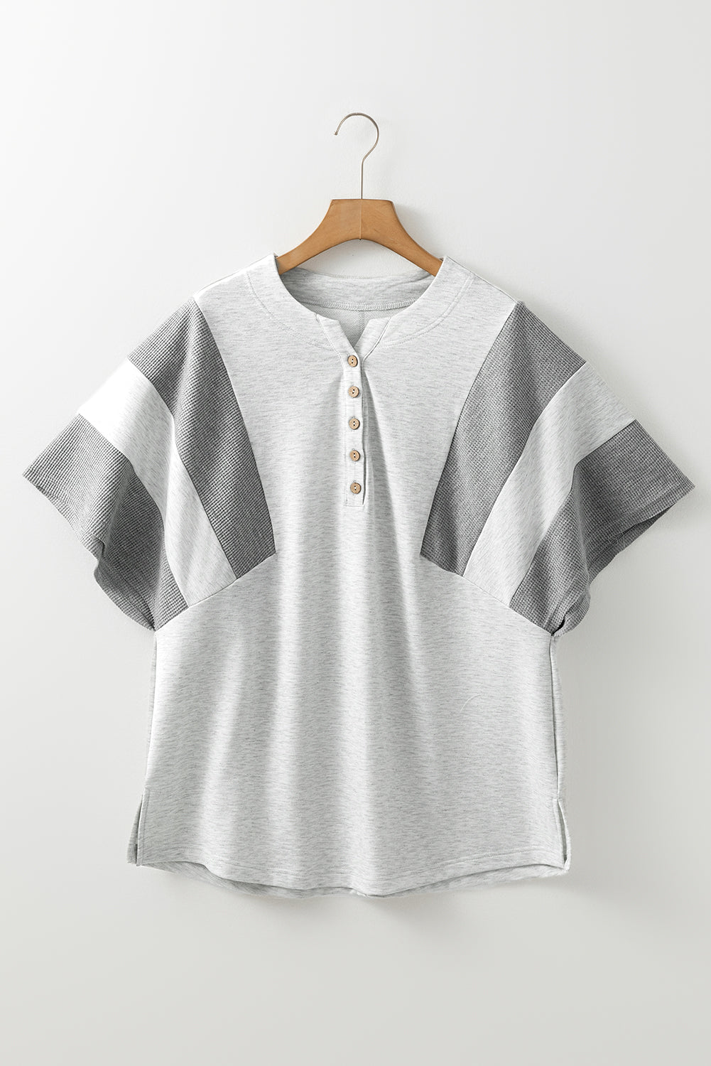 Light Grey Two Tone Contrast Waffle Knit Patched Buttoned V Neck Top