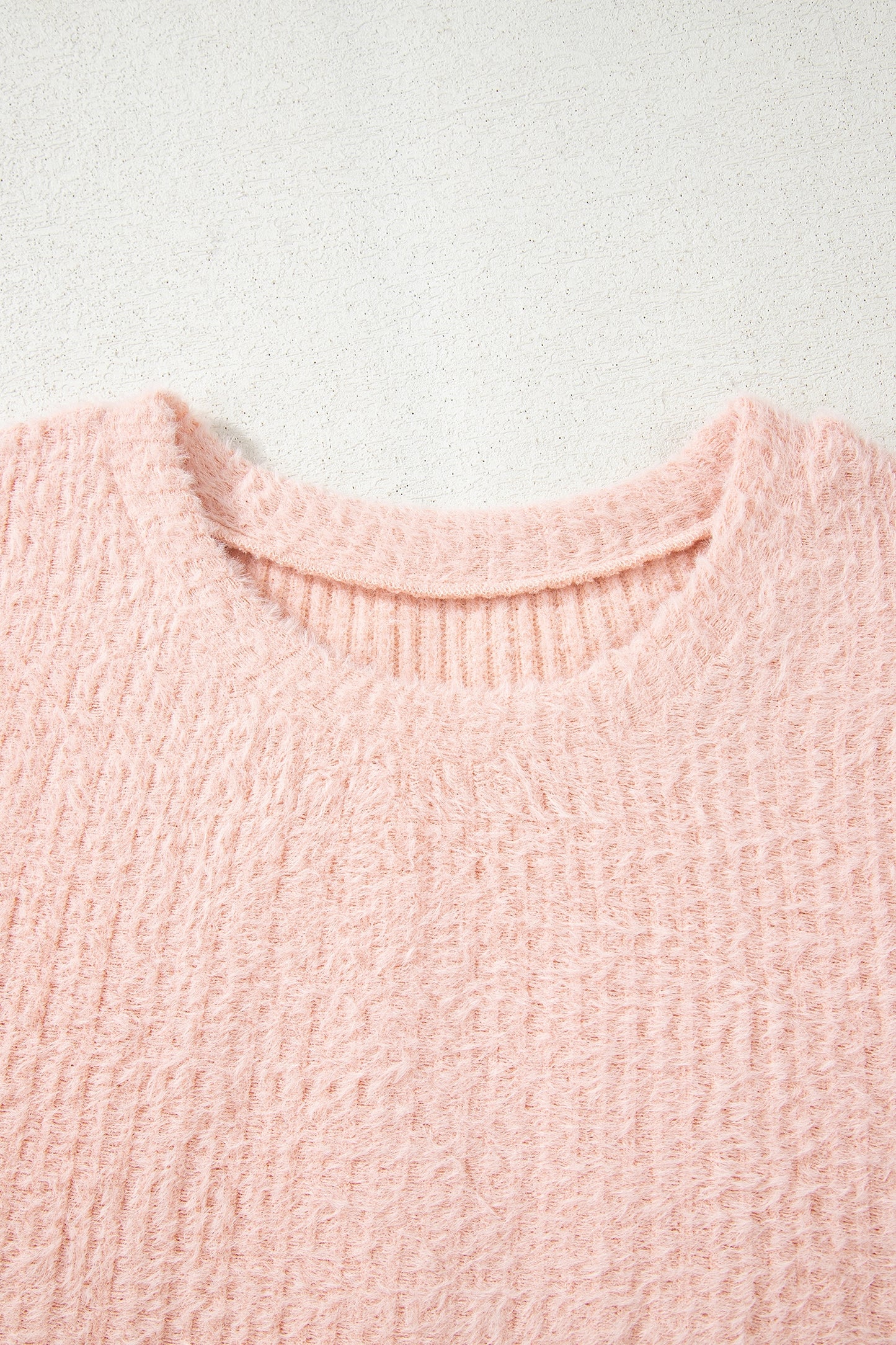 Light Pink Fuzzy Ribbed Texture Round Neck Long Sleeve Top