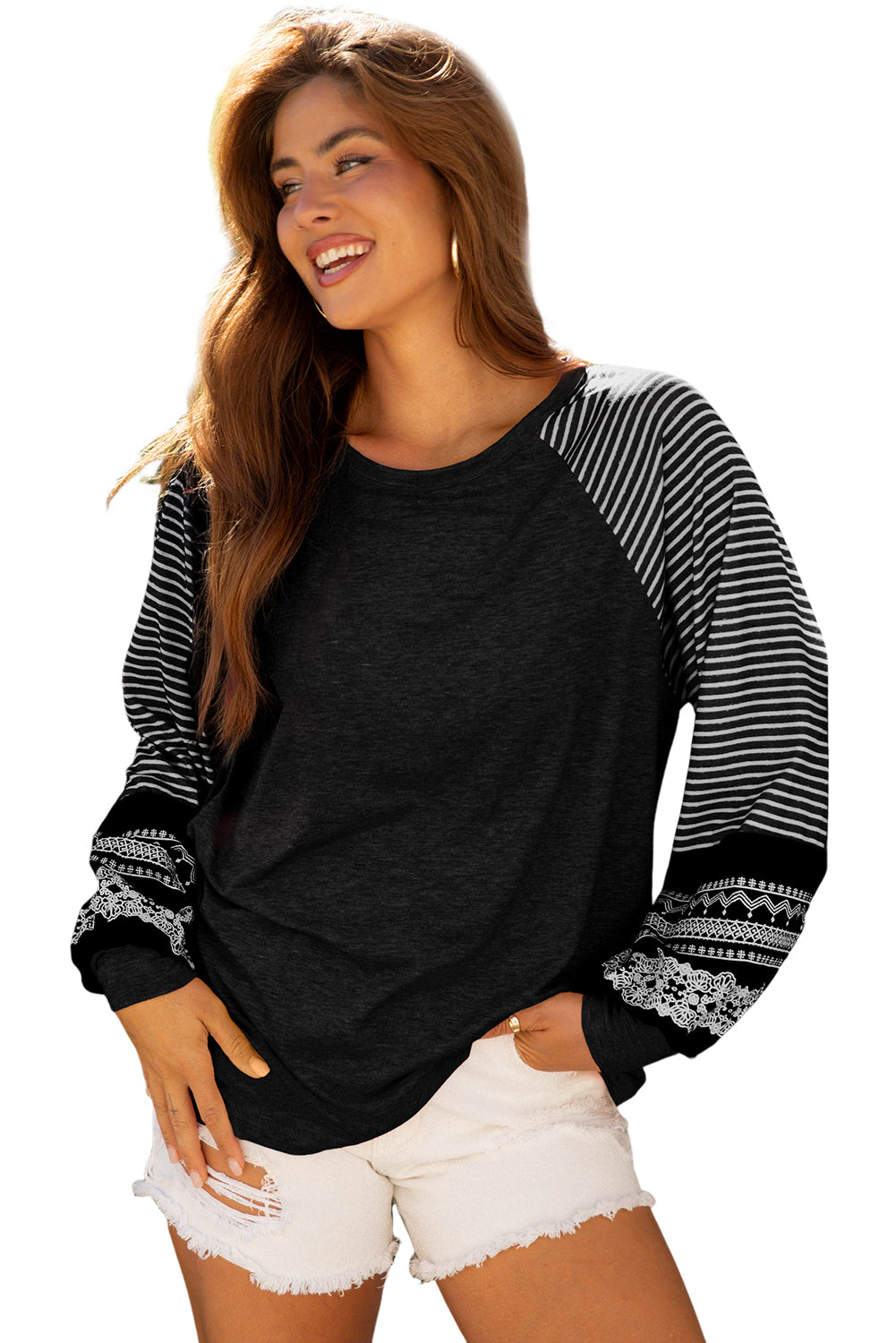 Black Contrast Print Striped Raglan Long Sleeve Loose Top