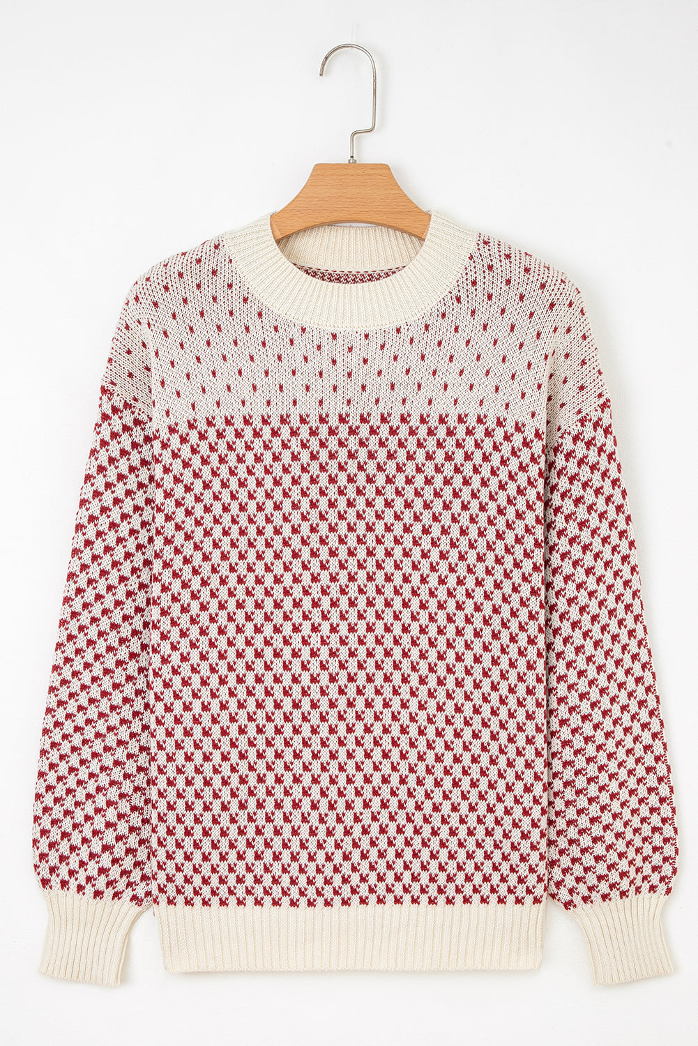 Red Contrast Color Pattern Lantern Sleeve Sweater