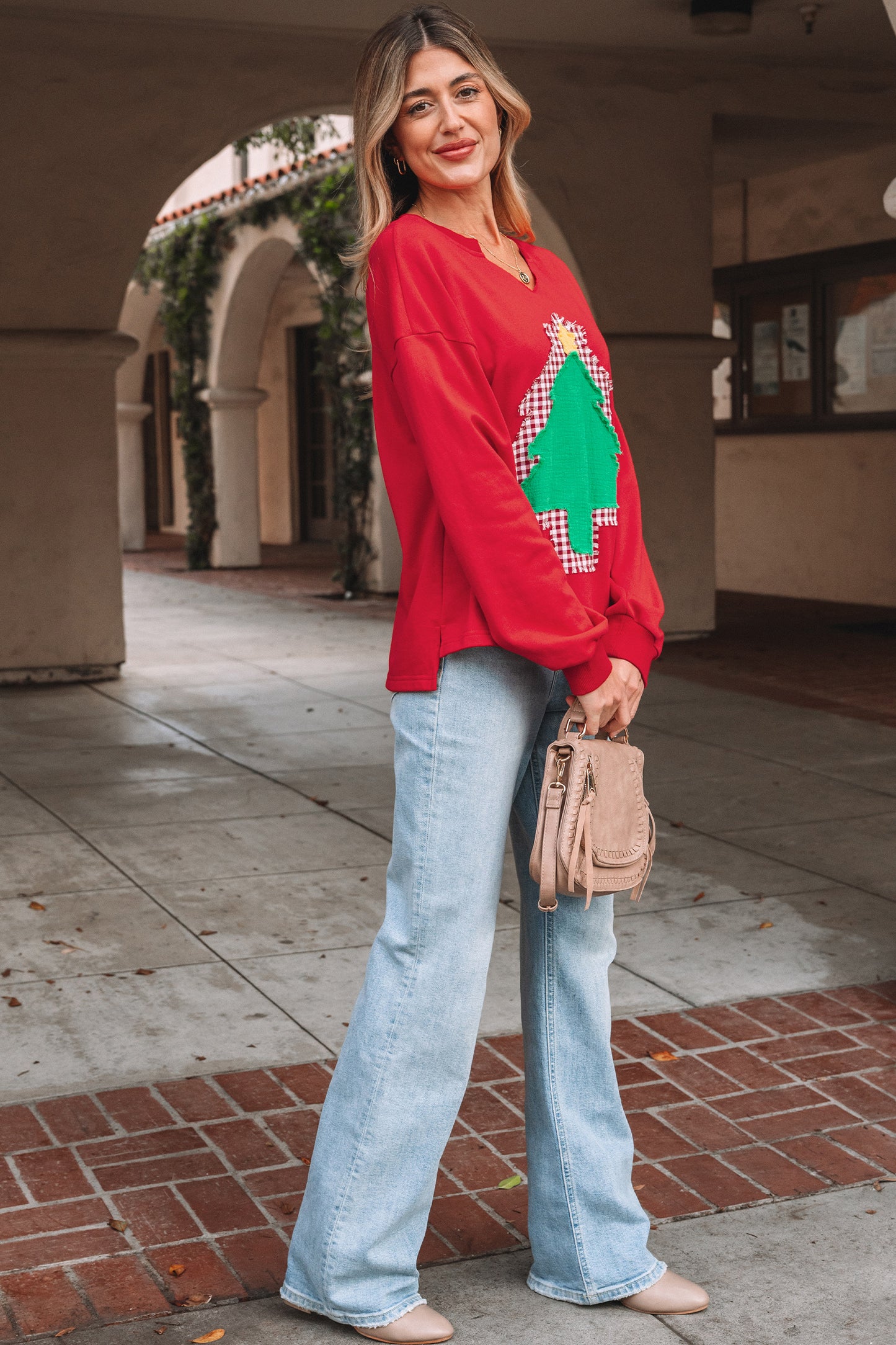 Fiery Red Plaid Frayed Double Christmas Tree Patched Drop Shoulder Sweatshirt