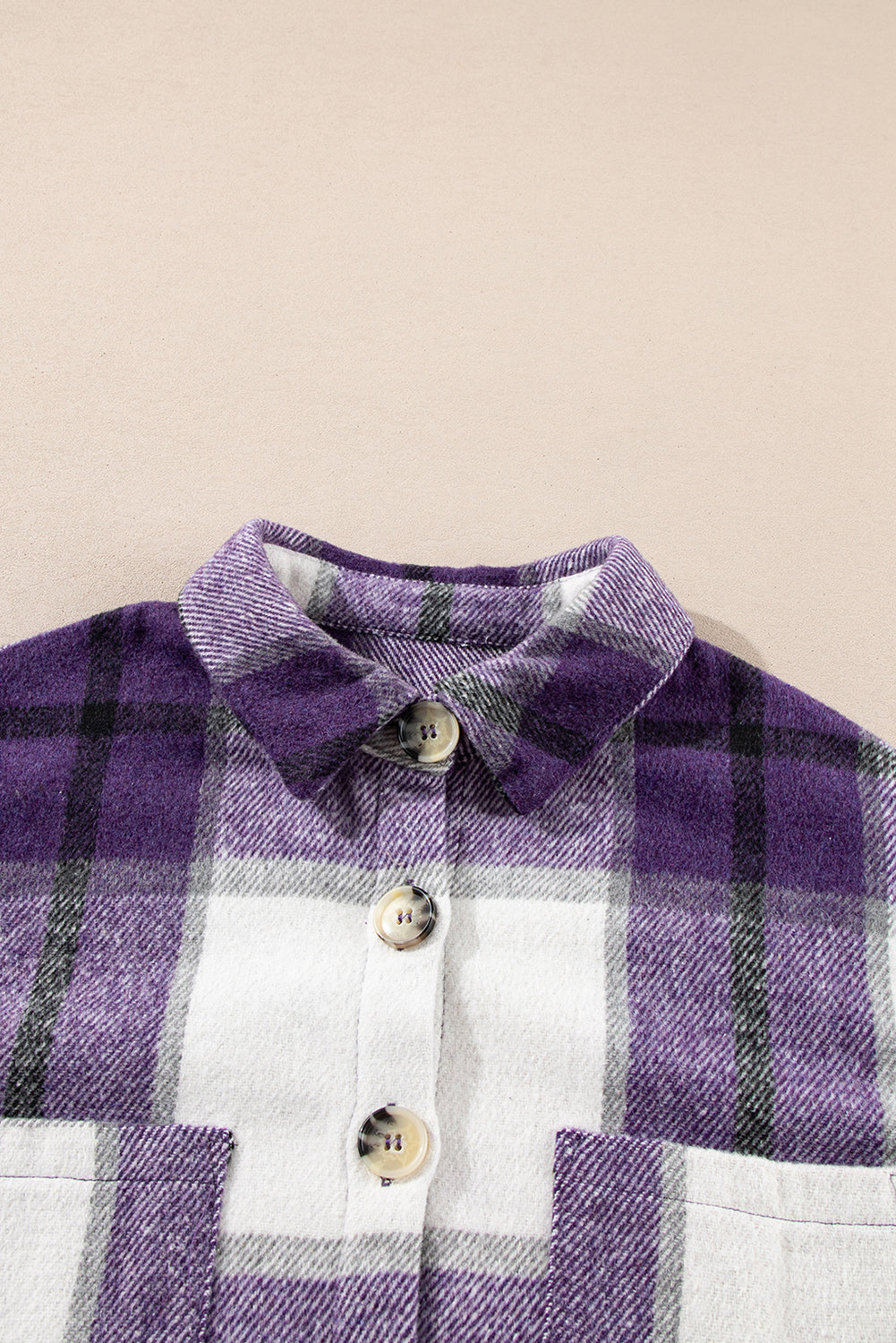 Purple Plaid Color Block Buttoned Long Sleeve Jacket with Pocket