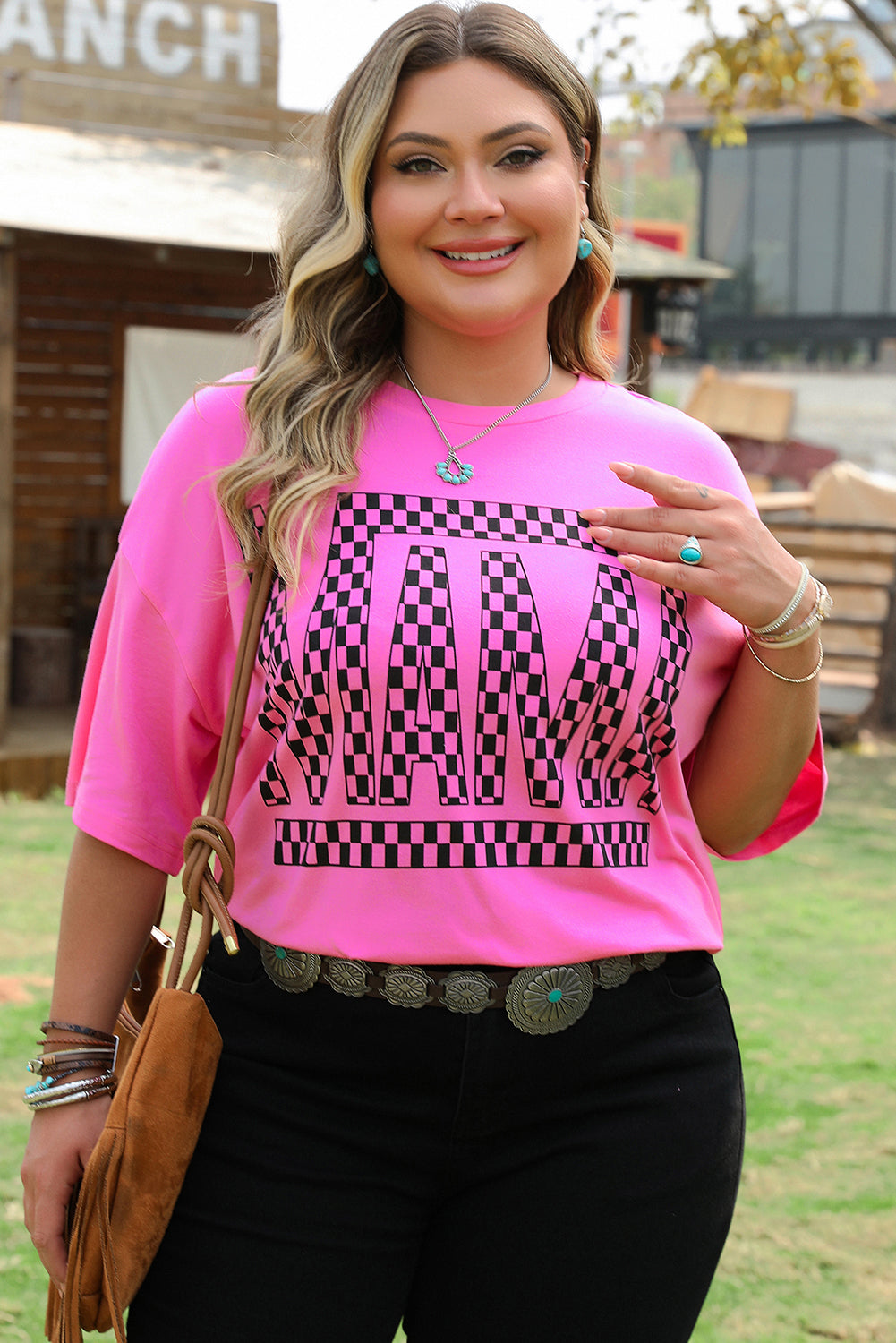 Bright Pink Checker MAMA Letter Printed Graphic Plus Size T Shirt