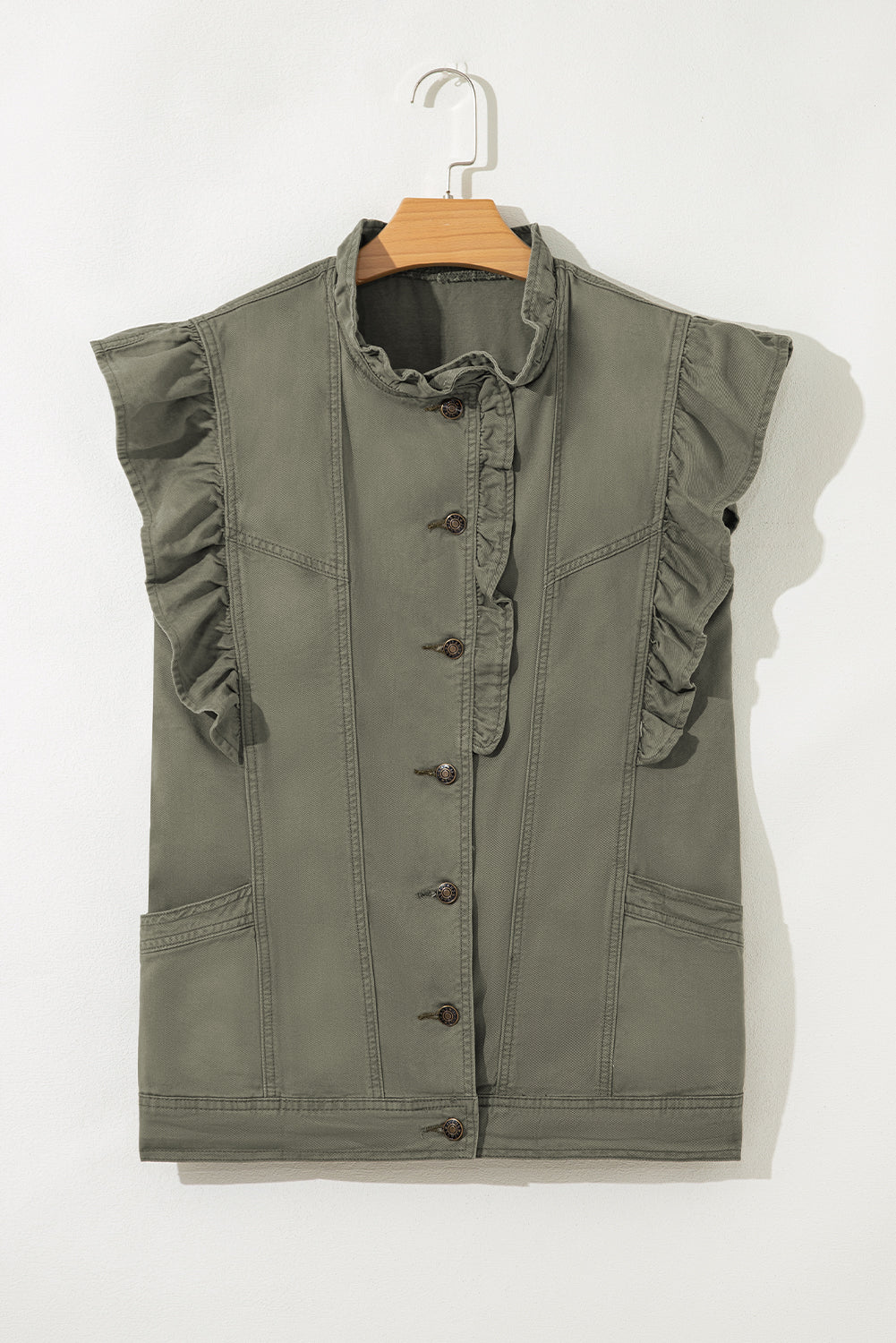 Green Bay Ruffled Patchwork Denim Jacket Vest